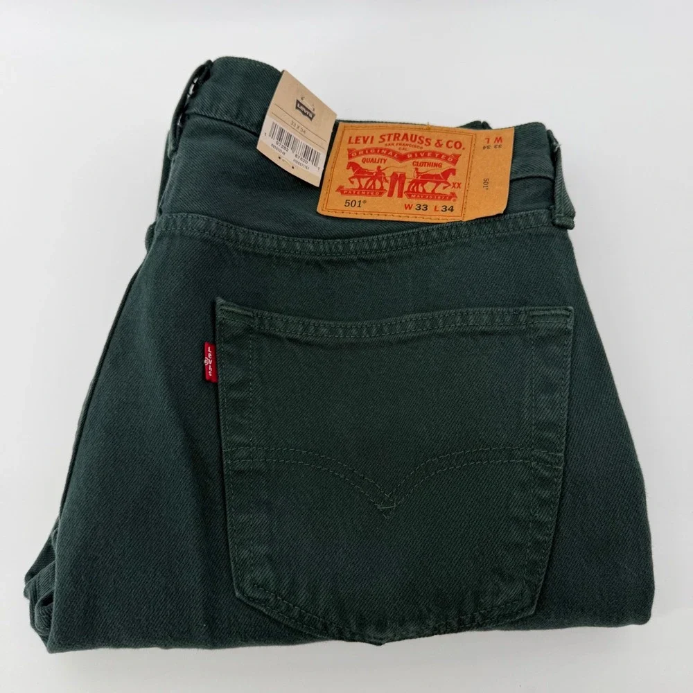 Levis Jeans Mens 33x34 Forest Green 501 Original Straight Leg Button Fly NWT